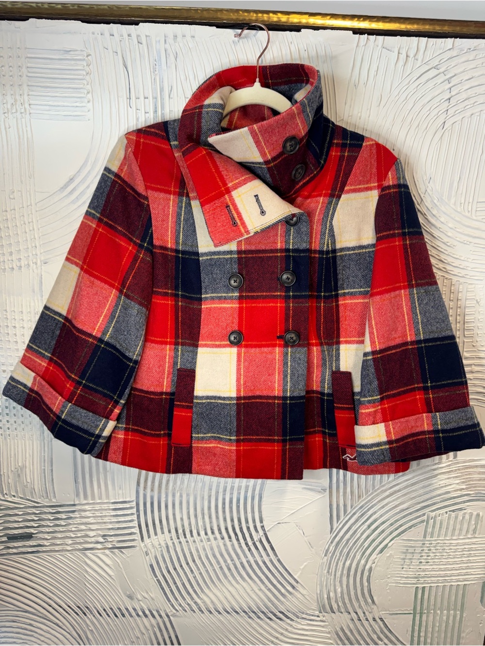 Hollister Red, Navy & Cream Plaid Double-Breasted Peacoat